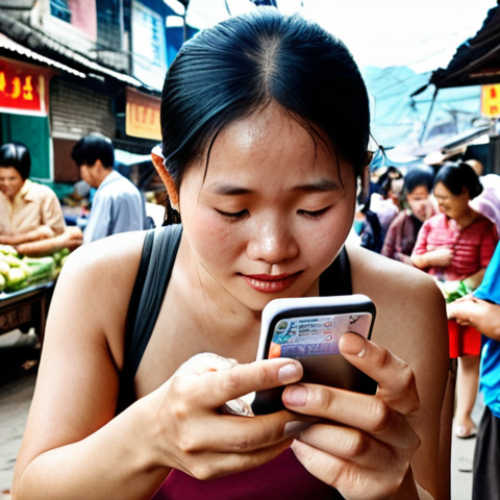 **

*   **Prompt:** A bustling Vietnamese marketplace scene. Focus on a vendor using a modern mobile payment app (like MoMo or ZaloPay) on their smartphone to complete a transaction. Other customers are visible, some paying with cash. Emphasize the contrast between traditional commerce and the integration of digital finance.

**